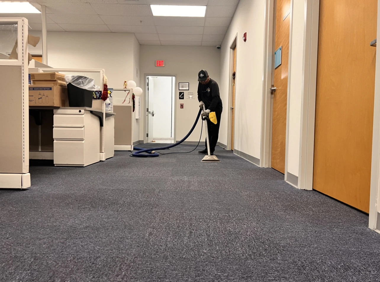 Office hallway carpet being deep cleaned