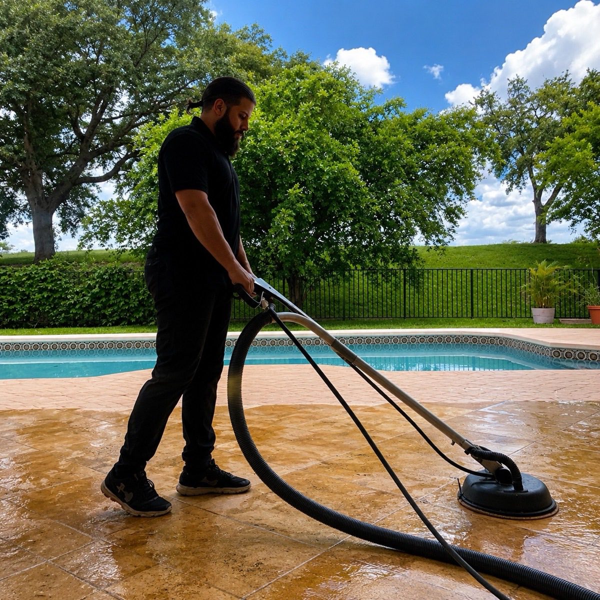 Extreme Steam technician pressure washing a stamped travertine pool deck