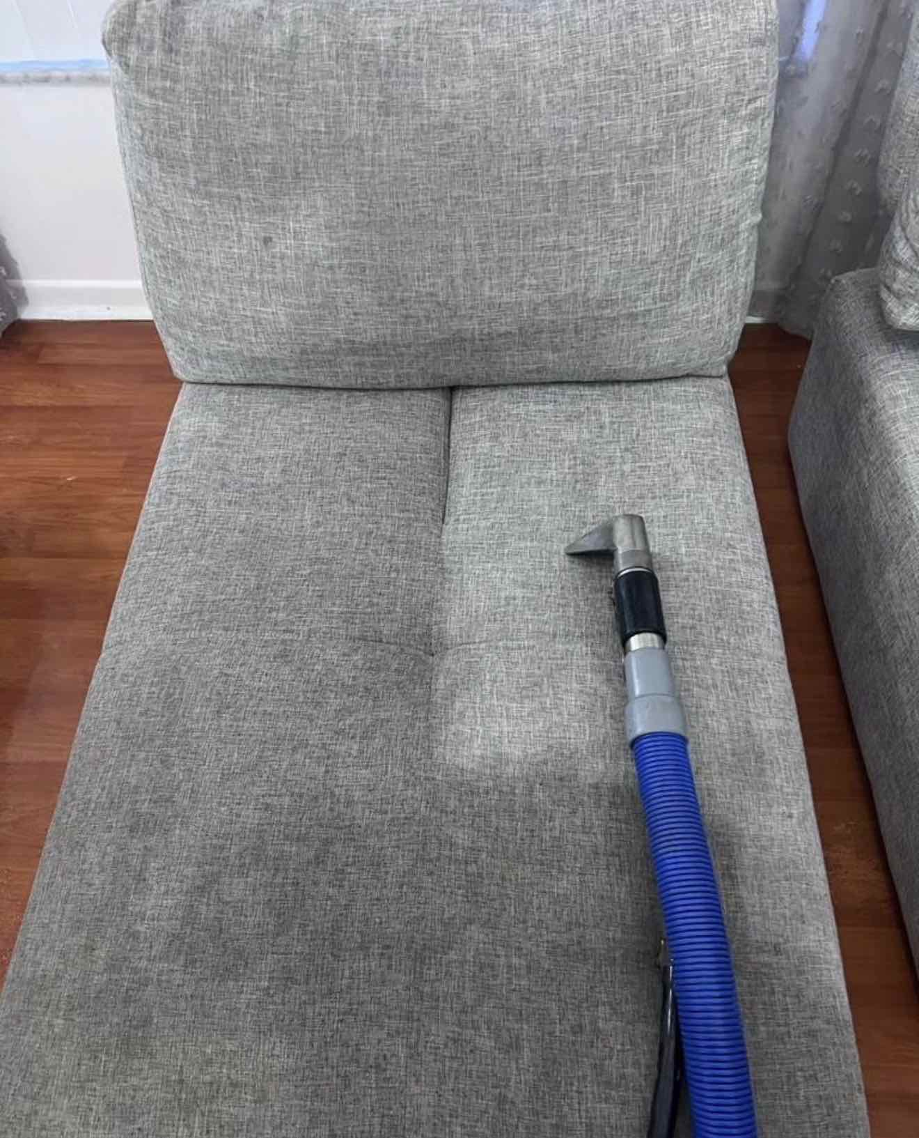 Steam wand deep-cleaning a gray fabric sofa cushion